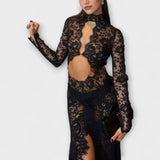 Azalea - Midnight Elegance Priesvitné Čipkované Dlhý Rukáv Stretch Maxi Šaty