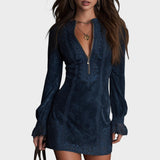 Veronika – Modrá Suede Mini Šaty s Čipkou