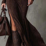 Helen – Vintage hnedé maxi šaty s opaskom