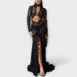 Azalea - Midnight Elegance Priesvitné Čipkované Dlhý Rukáv Stretch Maxi Šaty